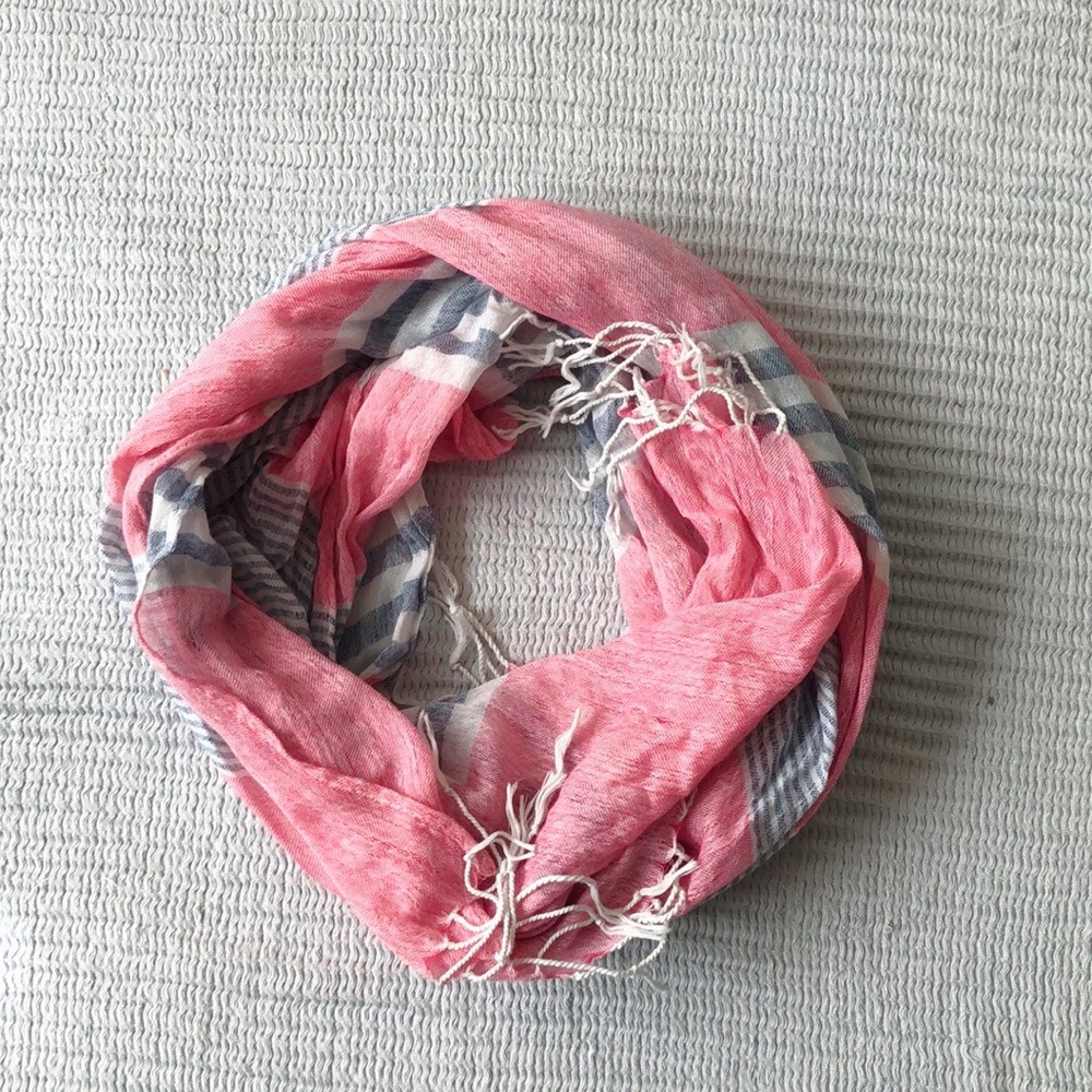 Pink blue and white striped scarf